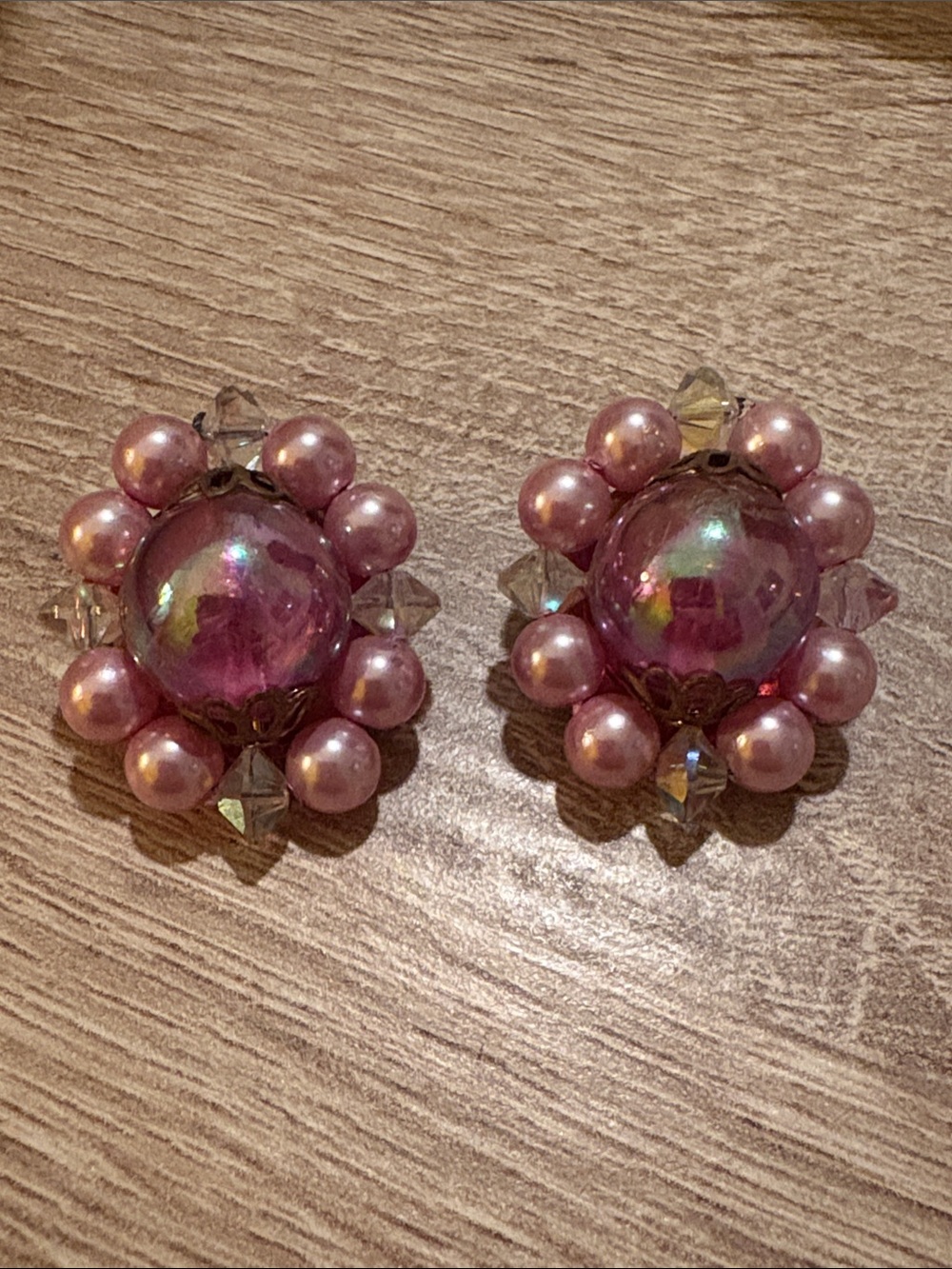 Vintage borealis beaded clip on earrings, brass tone